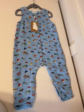 Angel Dear Blue Baby Muslin Romper with Fish Print 18-24 months NWT